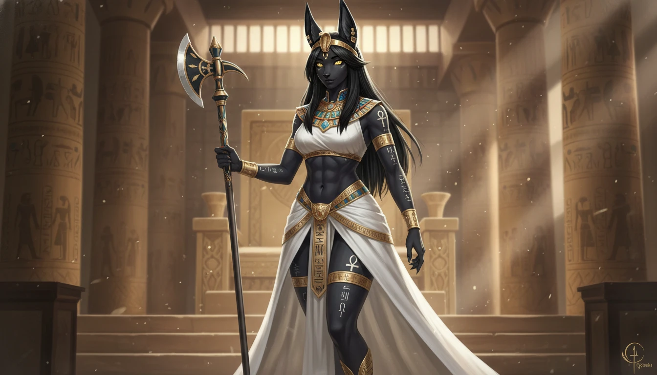 Regal jackal queen in ornate ancient Egyptian attire