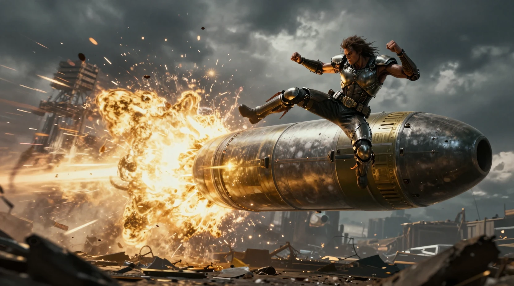 Feral warrior kicking nuclear missile in apocalyptic sky