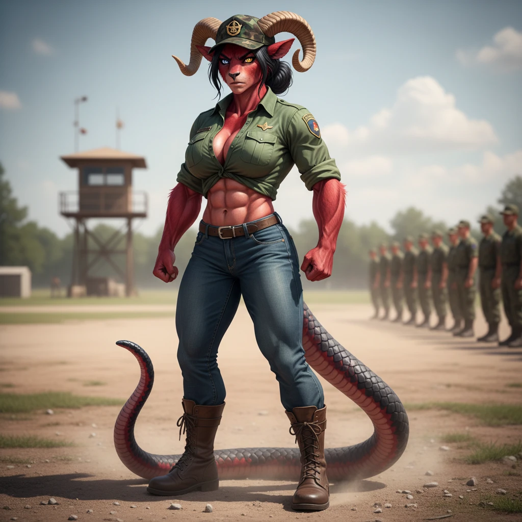 Focused chimera drill sergeant woman with snake tail
