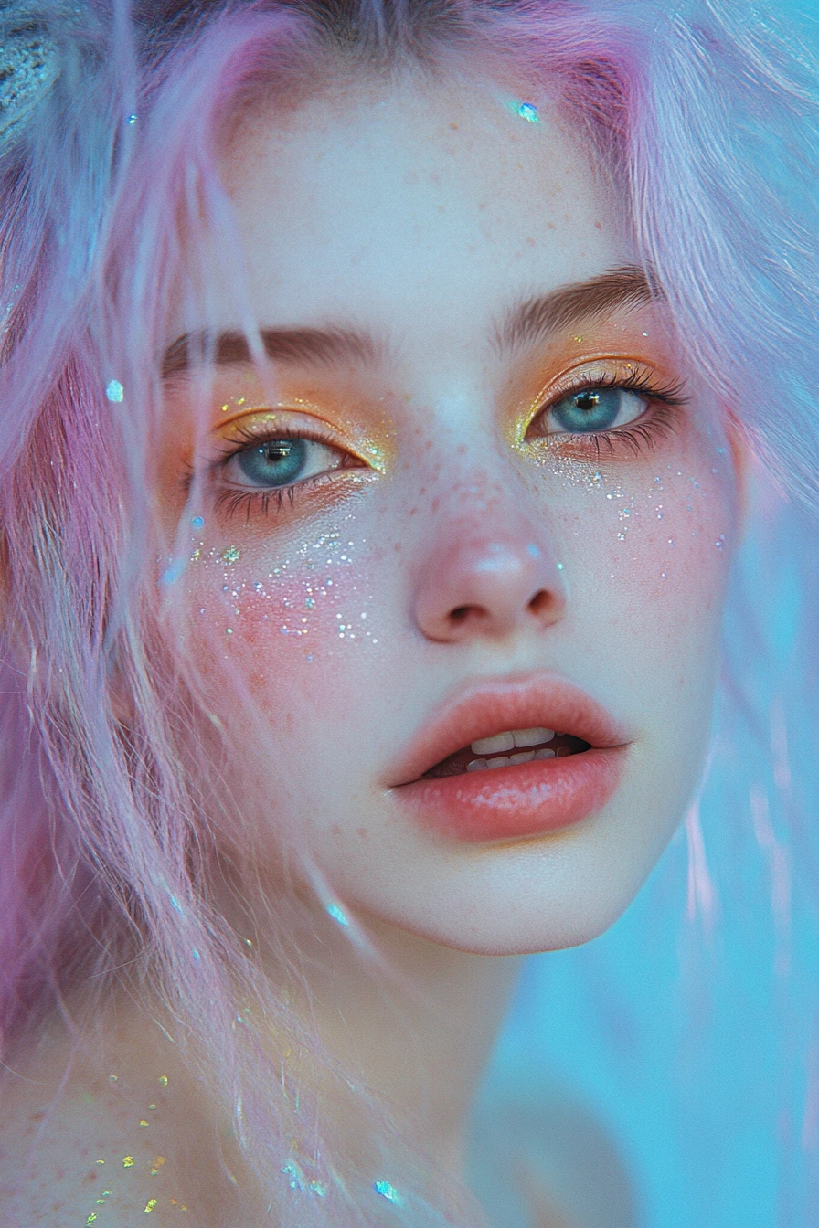 Whimsical pastel fantasy girl with colorful baroque makeup