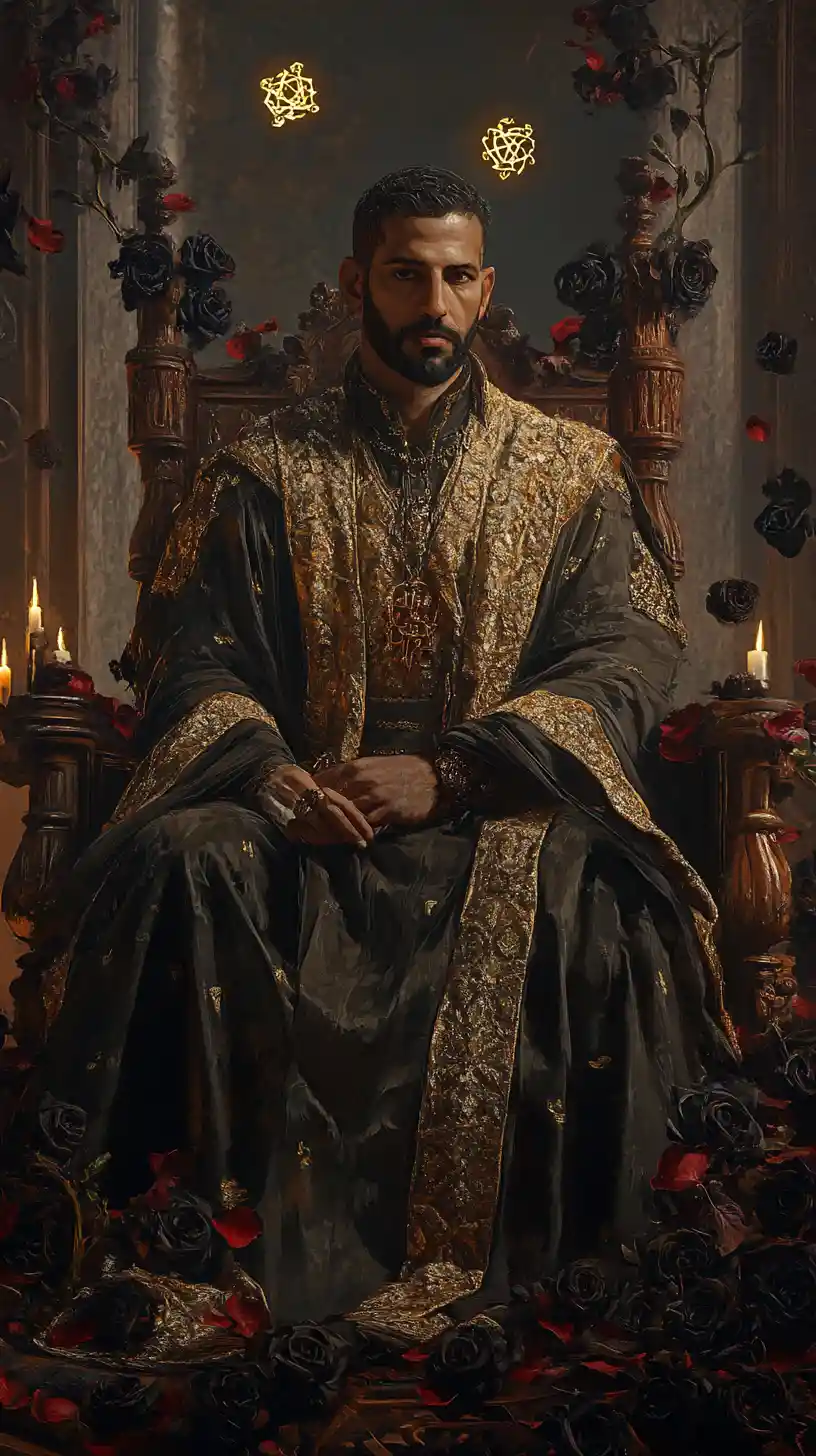 Middle Eastern scholar in candlelit gothic rose chamber