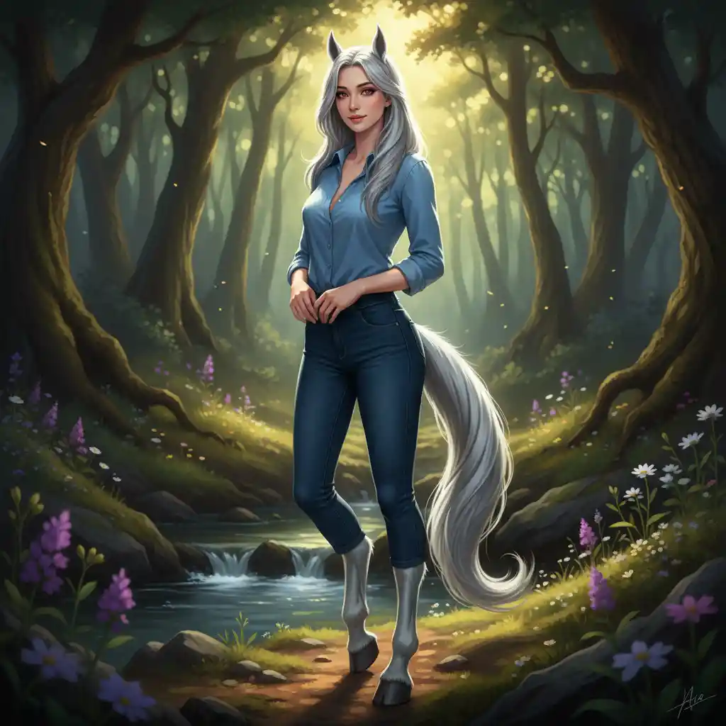 Calm silver haired horse hybrid woman in casual clothes