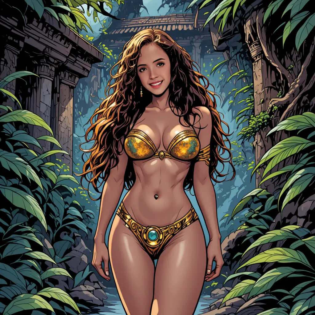 Curvy amazon woman in lingerie at ancient jungle temple
