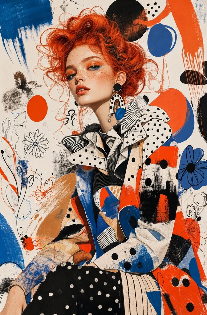 Ilustración de Chica de Moda Pop Art con Cabello Rojo Voluminoso