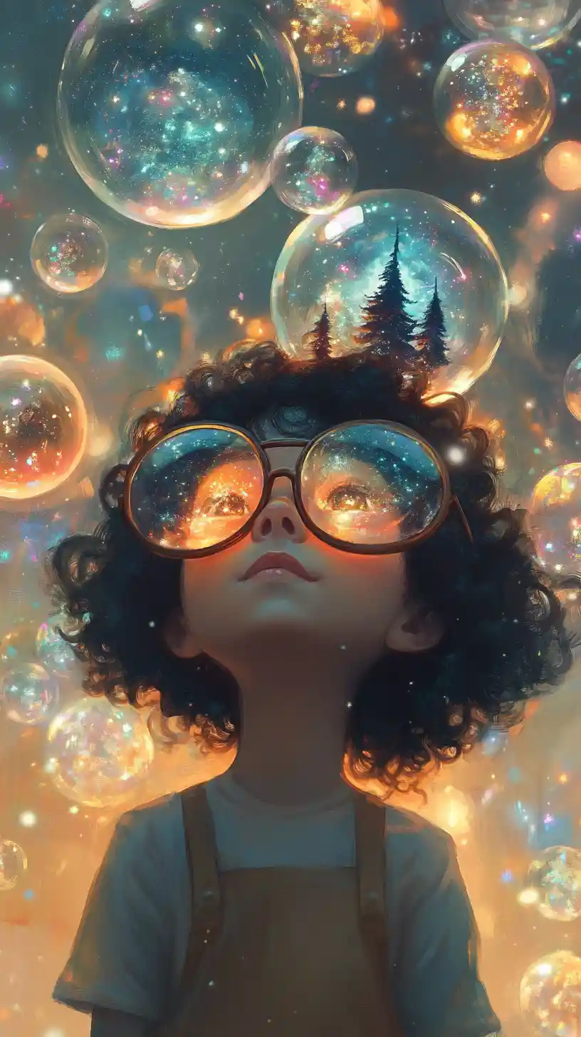 Child in oversized glasses gazing at floating elemental worlds