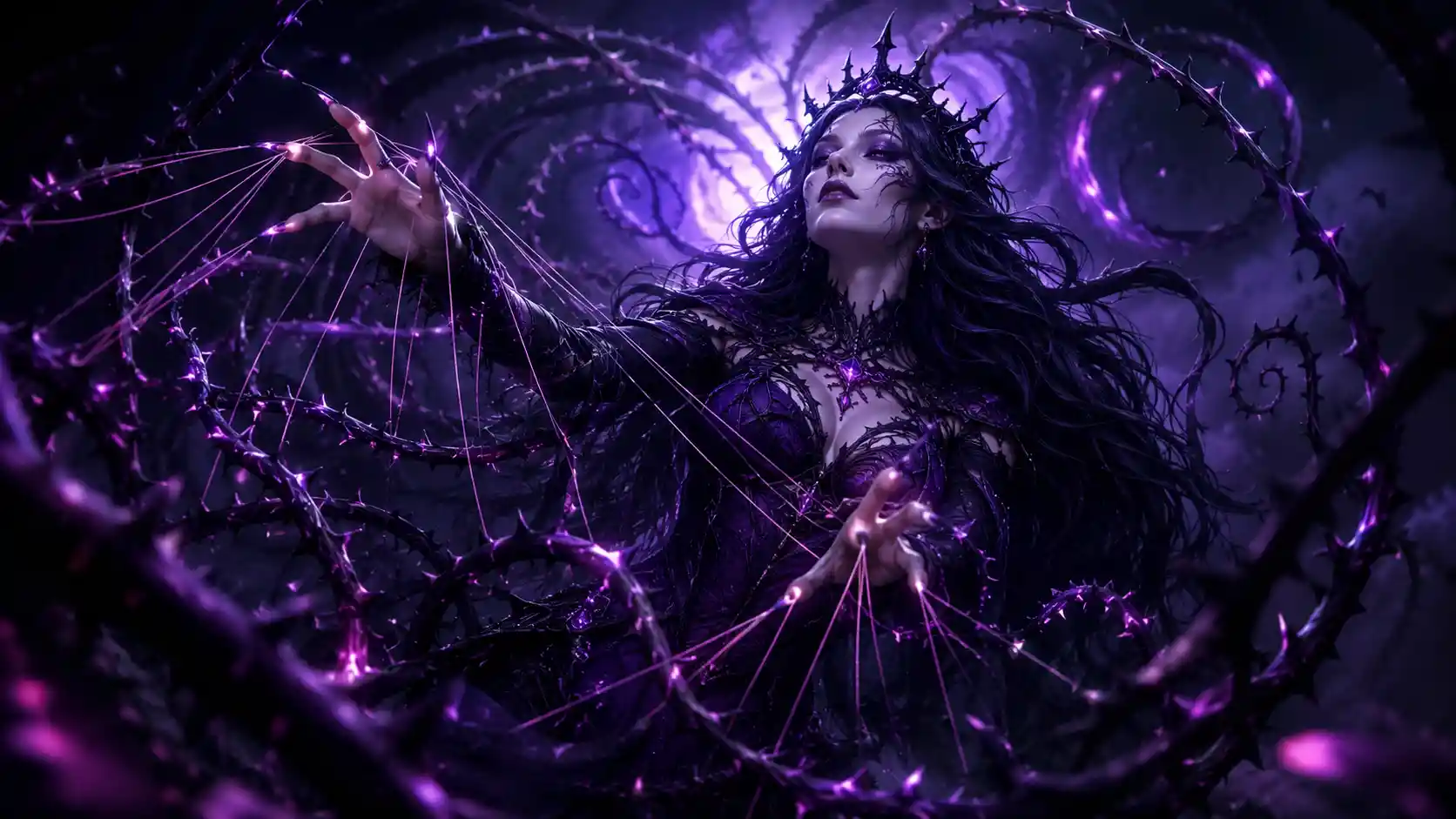 Mysterious woman weaving spiraling thorn vines with magic