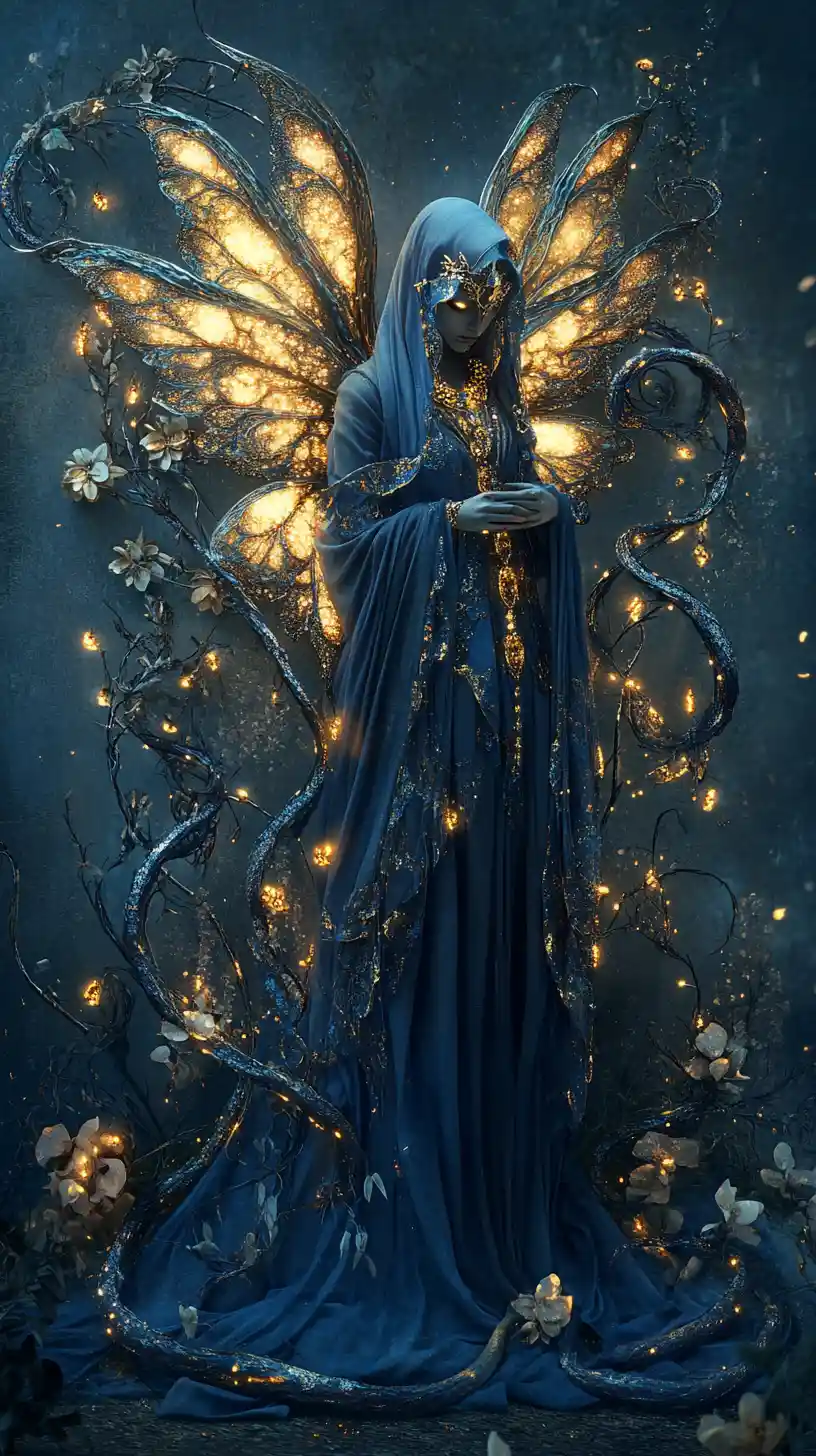 Mystical Middle Eastern fairy with sapphire wings at night