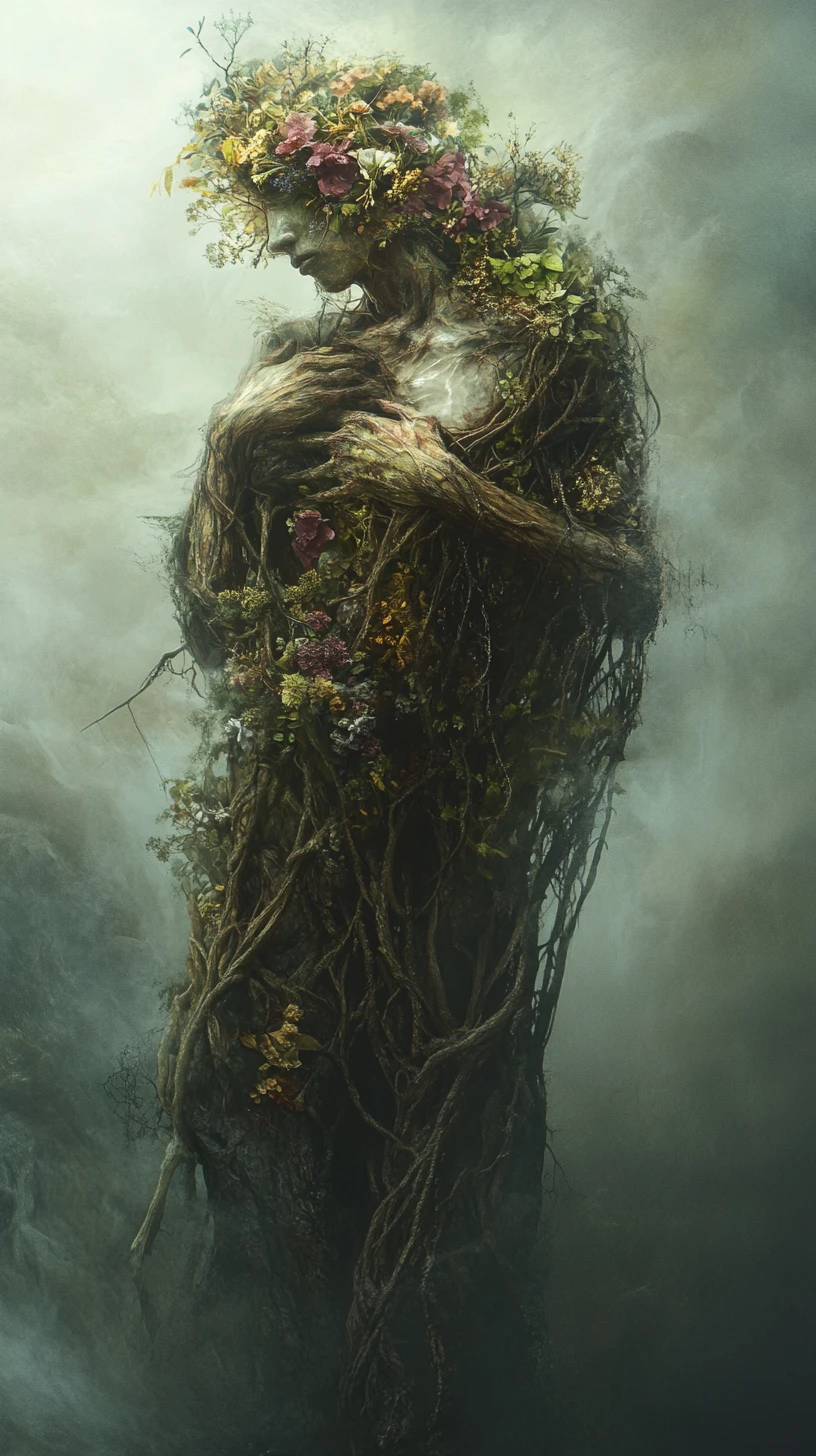 Ancient forest woman fused with twisting roots and florals