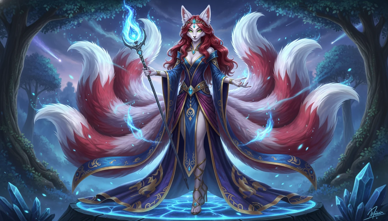 Regal nine tailed white kitsune queen in ornate attire
