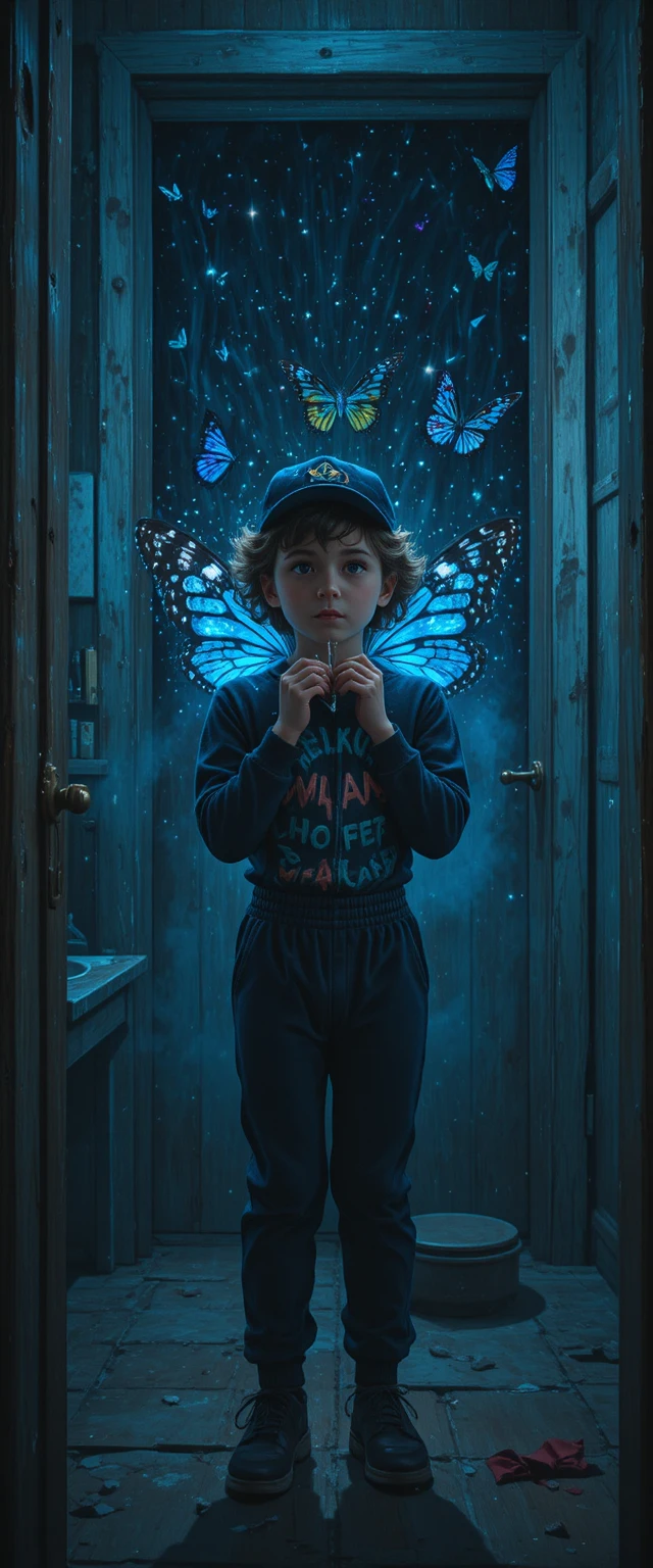 Young child before a magical door to the stars