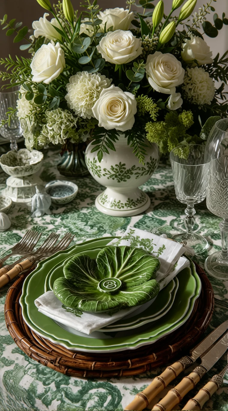 Elegant dining table with white and green floral centerpiece