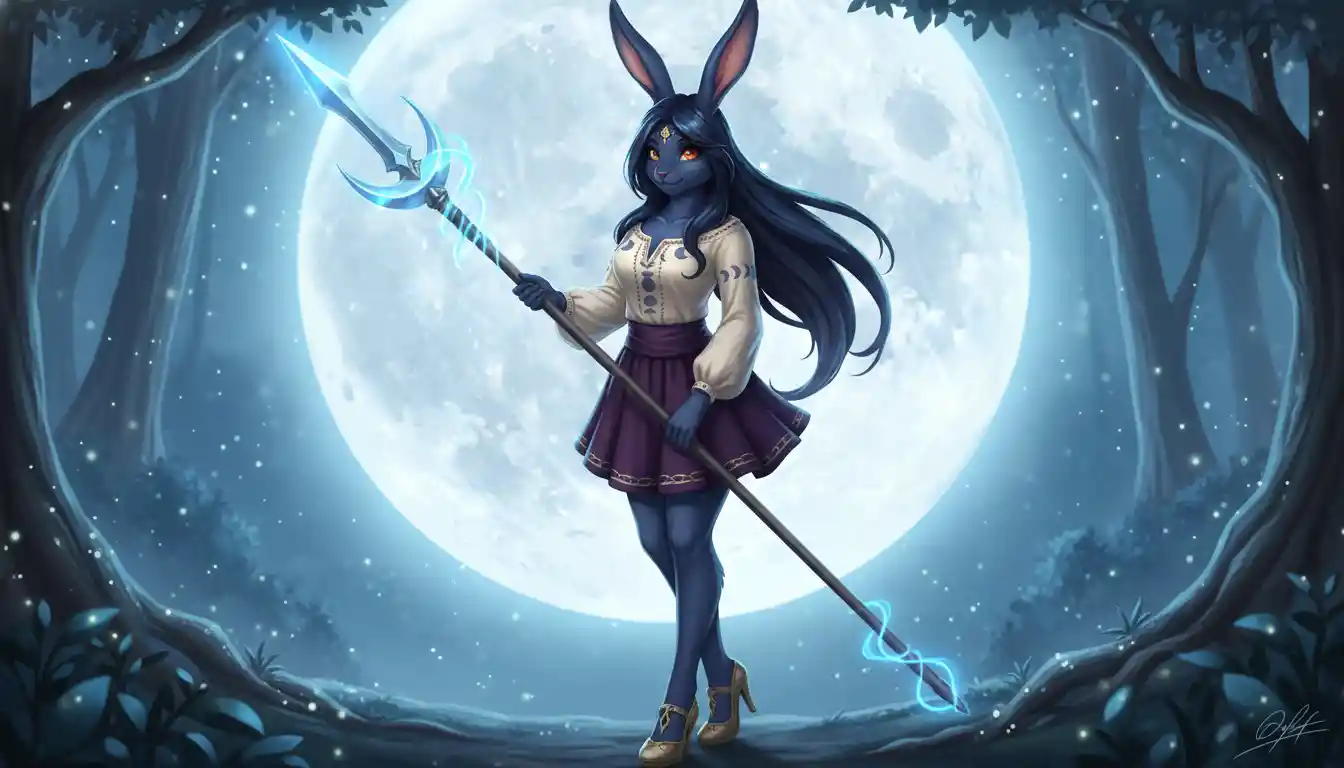Anthro moon rabbit woman with polearm in fantasy attire