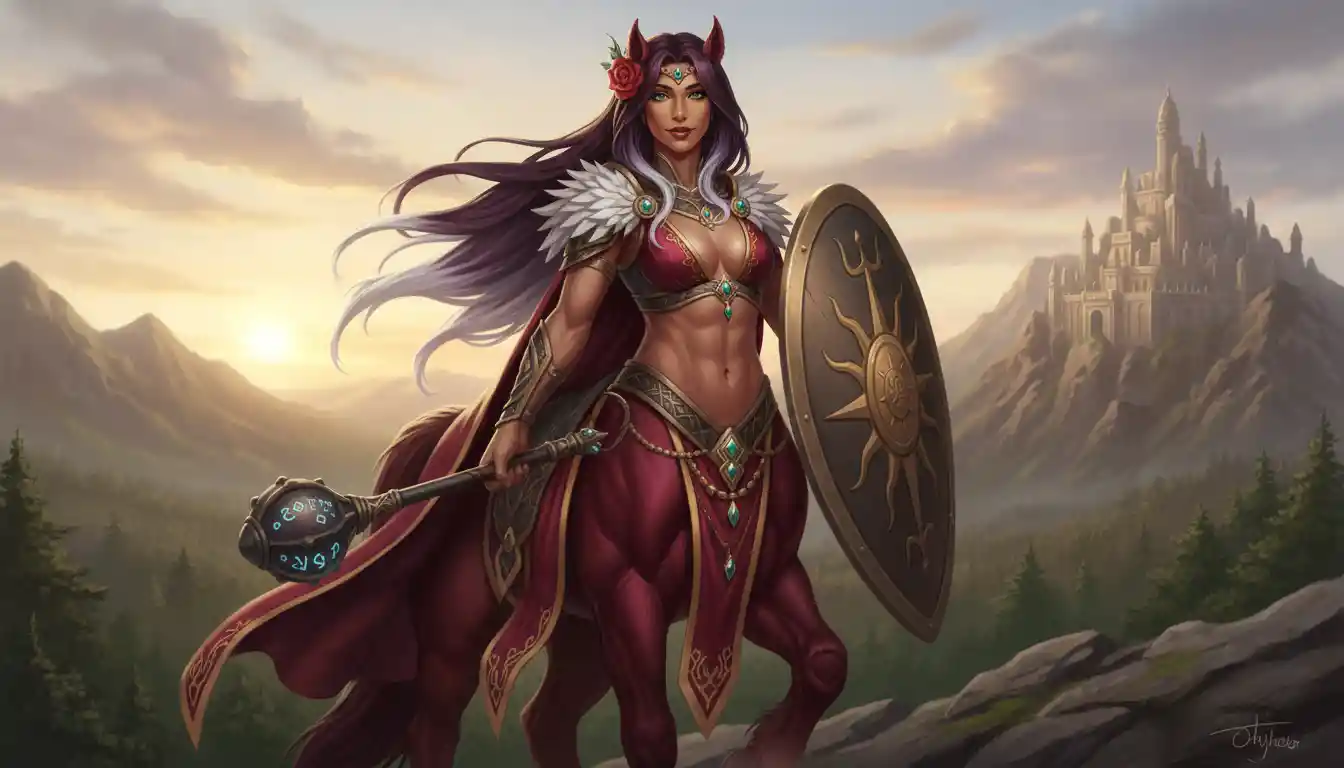Regal dark red centaur queen with violet hair and mace