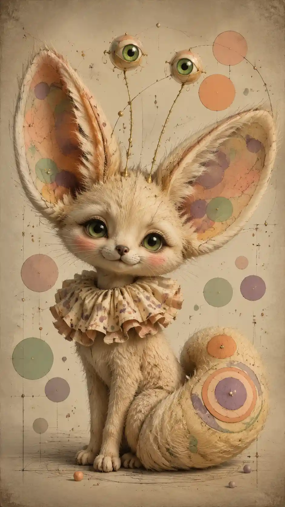 Whimsical fantasy fennec fox with pastel circles and dots