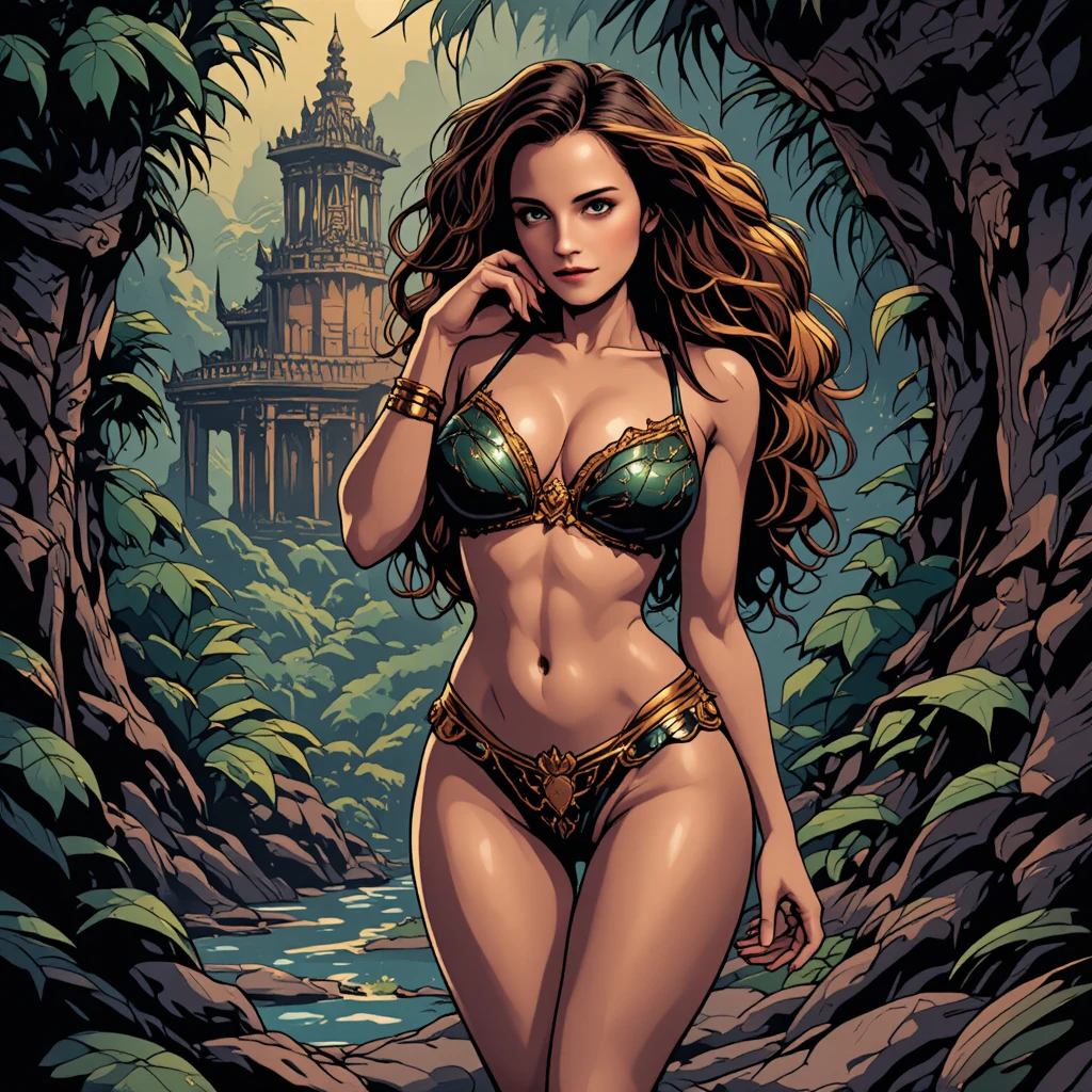 Curvy Amazon woman posing in lingerie at jungle temple