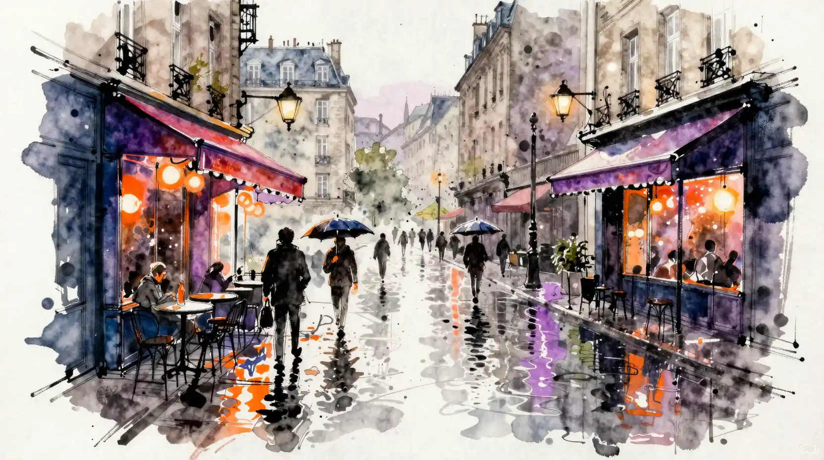 Watercolor Paris street in the rain at dusk