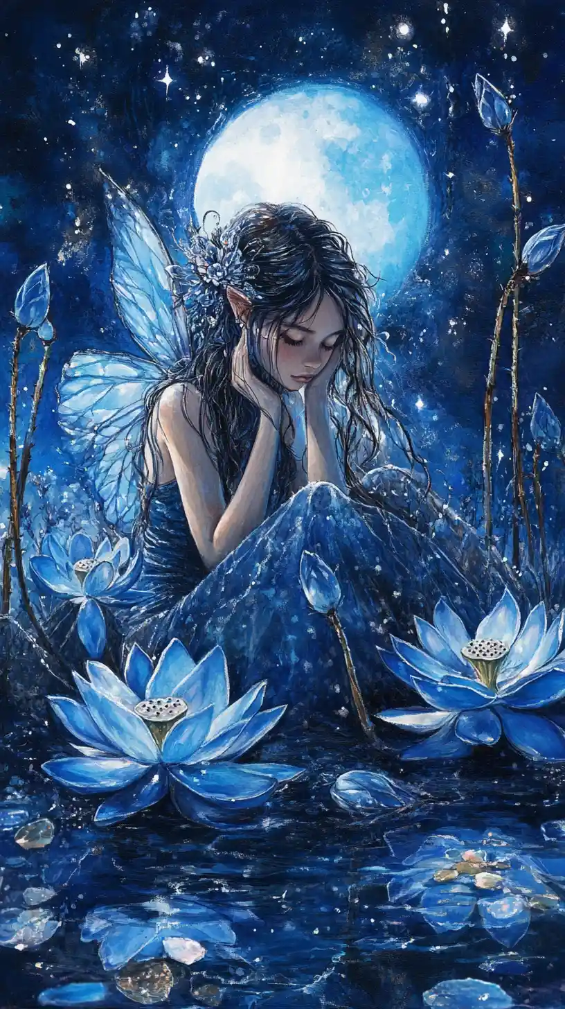 Fairy Woman Among Glowing Blue Lotus Under Moonlit Sky