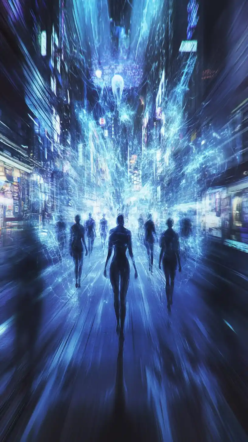 Blurred running figure splitting the speeding cityscape