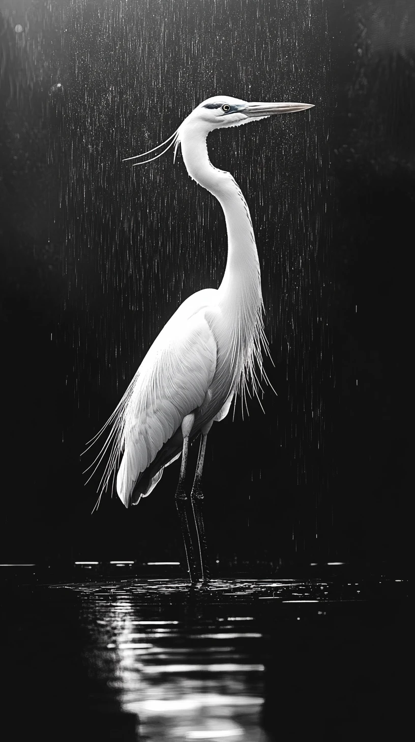 Heron Standing In Dark Water With Surreal Rising Rain