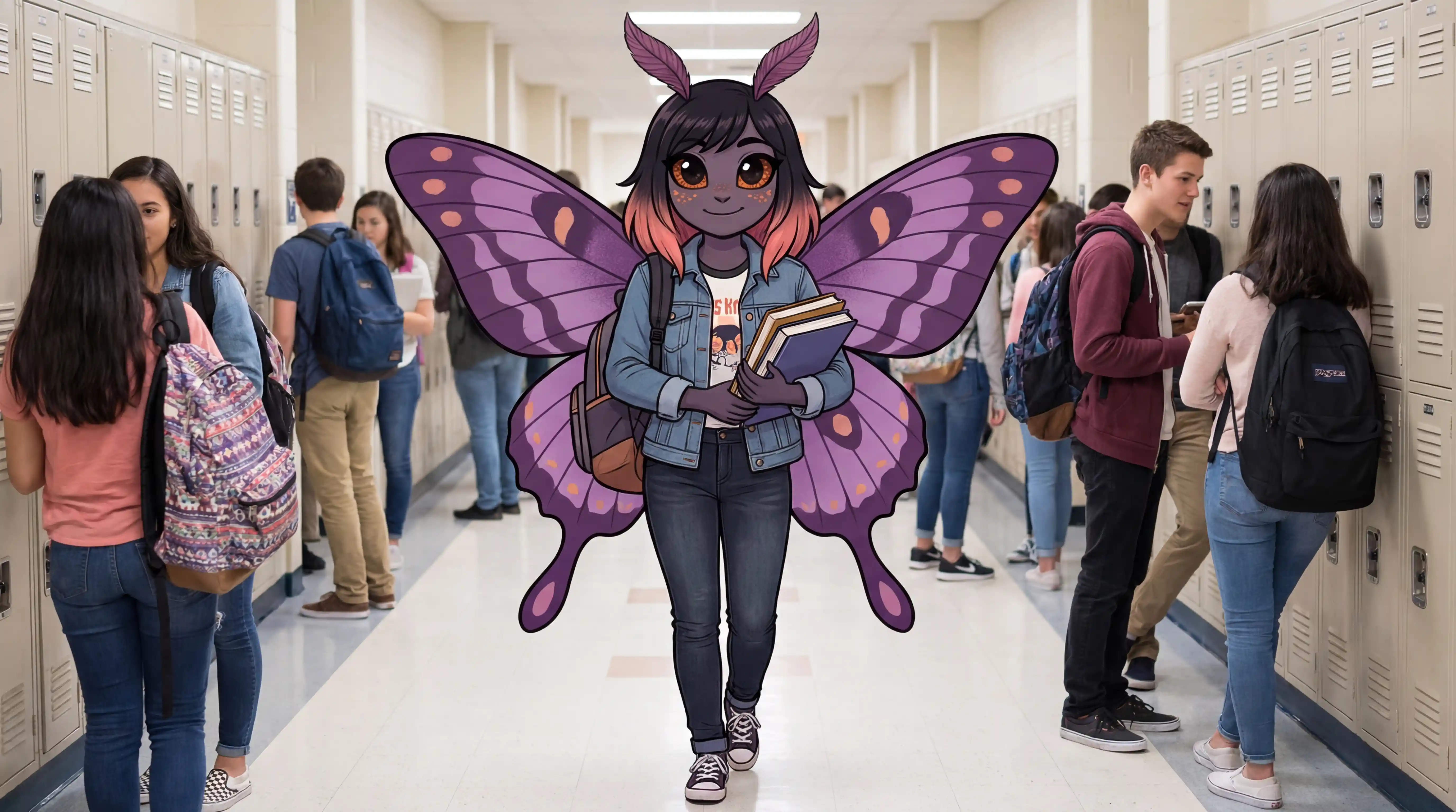 Cute purple moth winged girl in casual school outfit