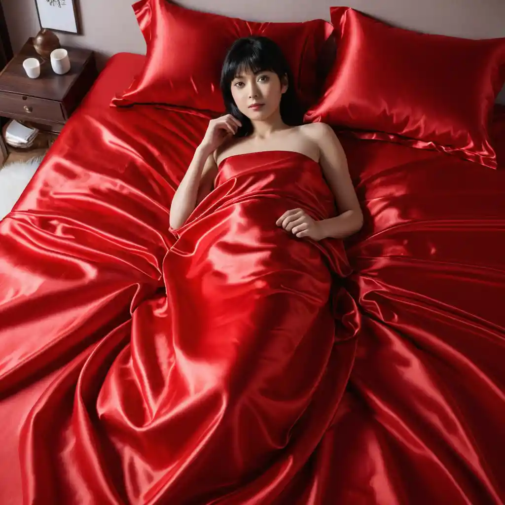 Japanese woman lying on scarlet satin bed looking forward