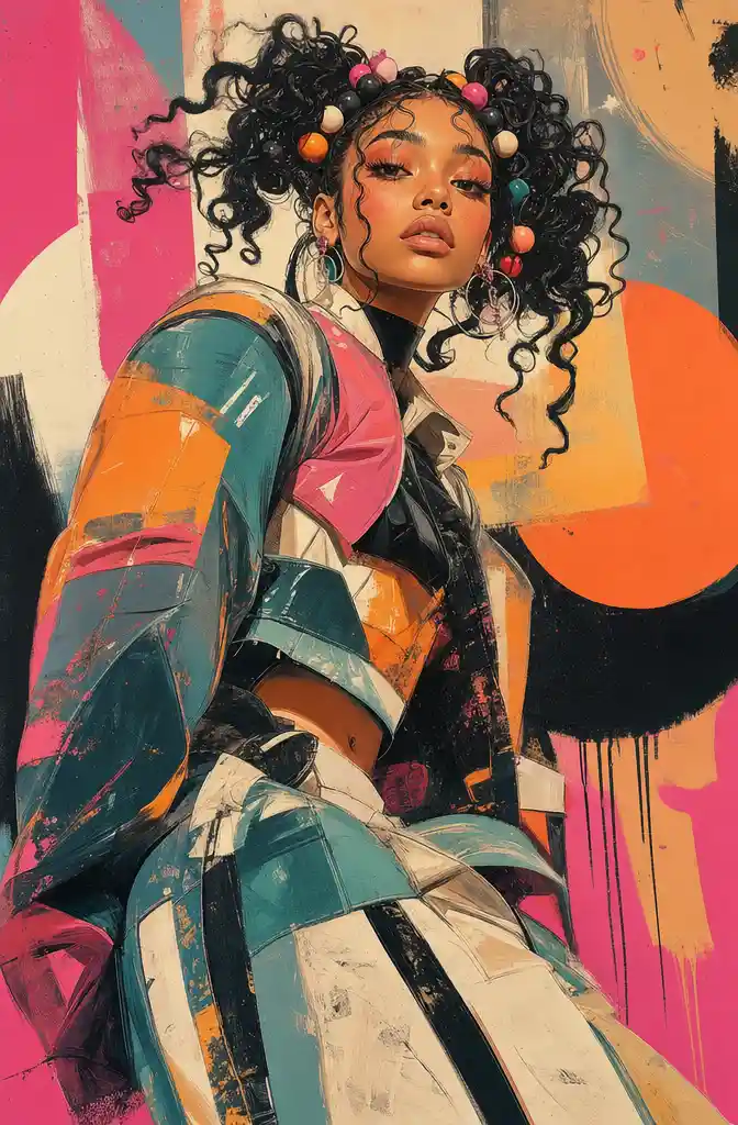 Pop art fashion woman with curly pigtails in bold illustration