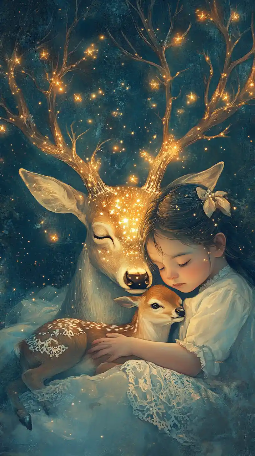 Child Resting With Glowing Deer Spirit In Celestial Forest