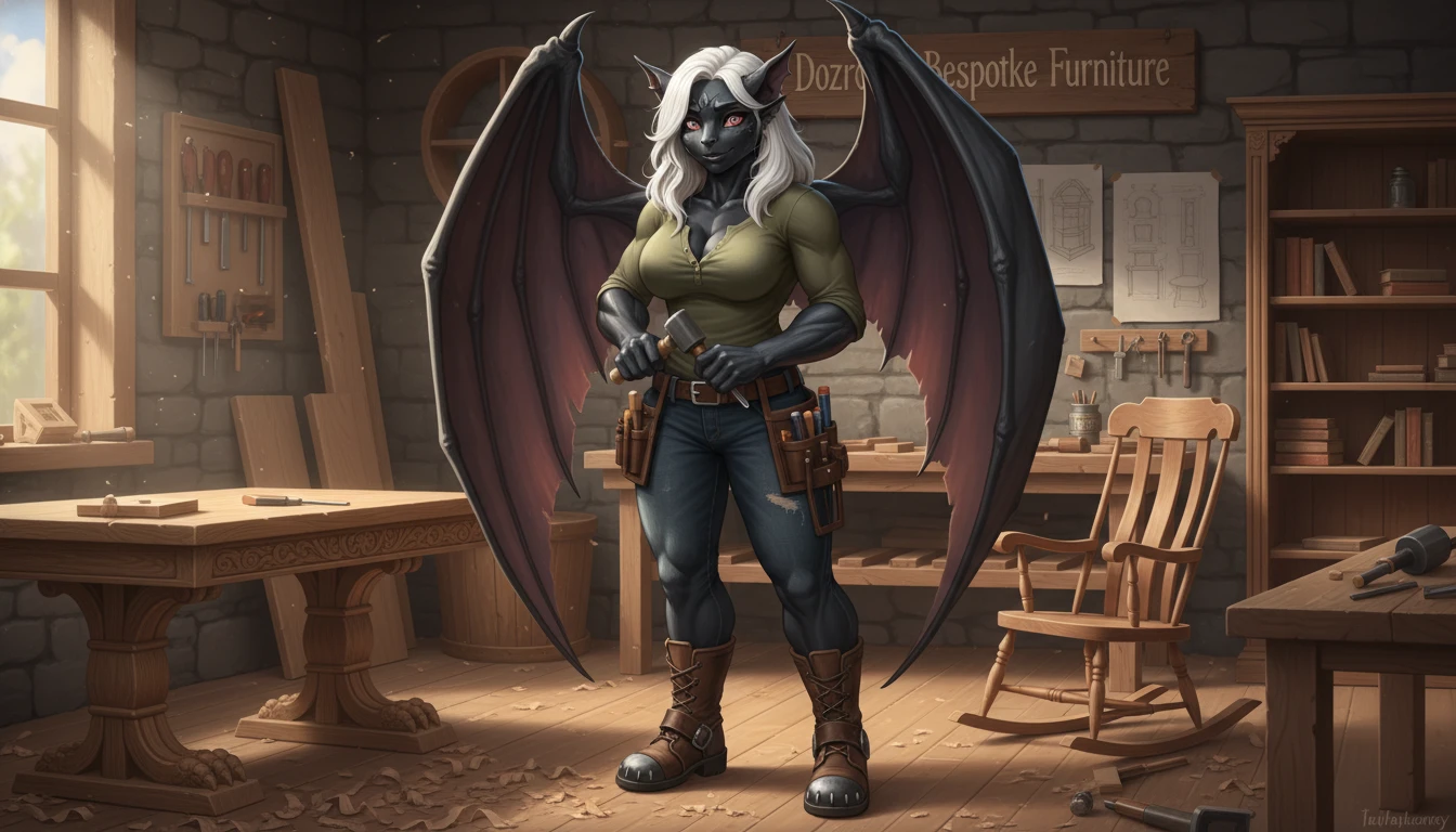 Winged gargoyle woman in casual clothes with hazel pink eyes