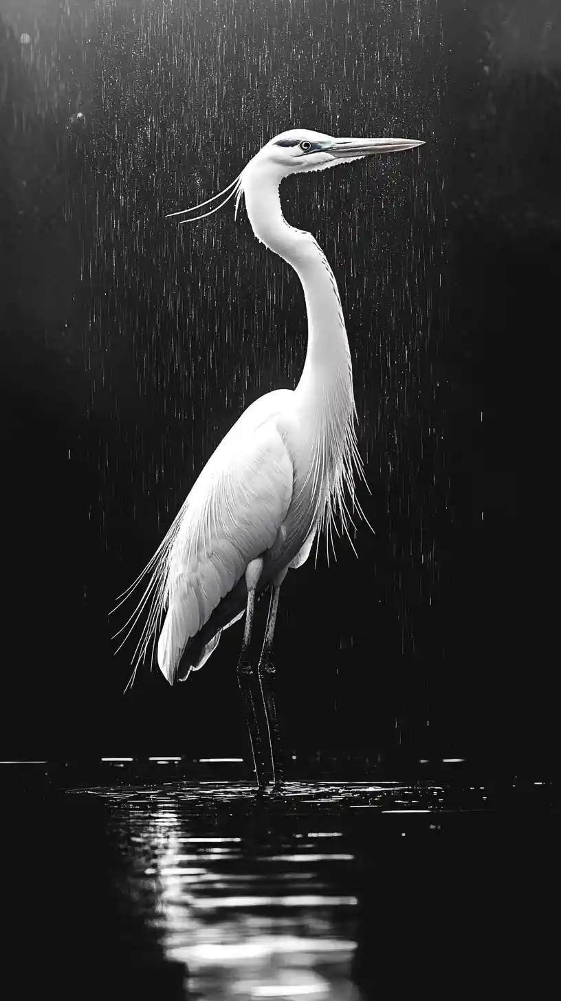 Heron Standing In Dark Water With Surreal Rising Rain