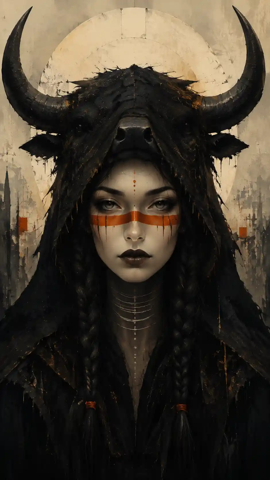 Mystical girl face within horned black silhouette