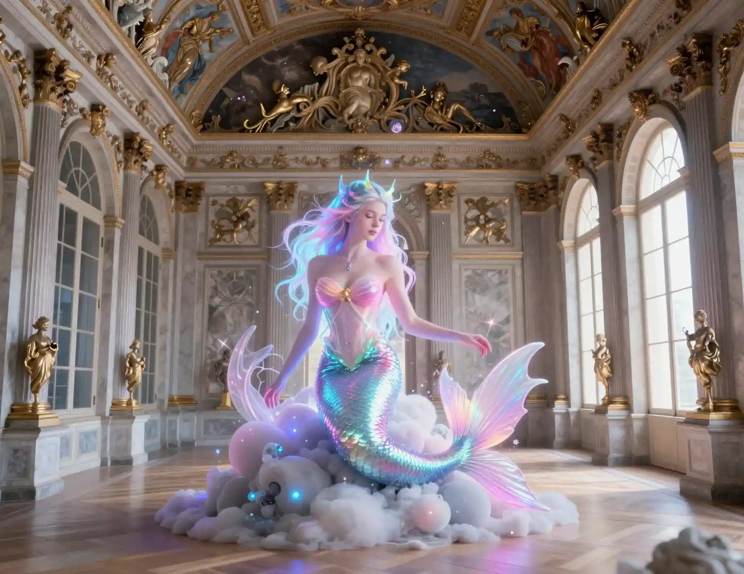 Fantasy palace orangerie with neon pastel dark whimsy