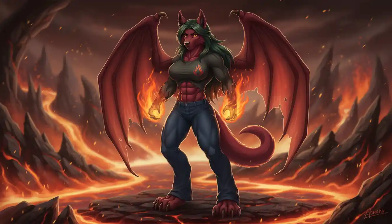 Tall winged dragon wolf woman in casual clothes with flames