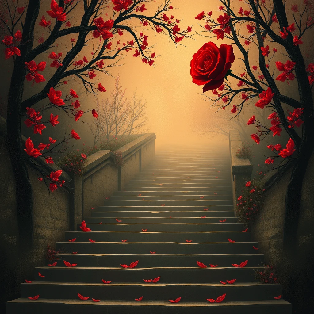 Surreal red rose above a long descending staircase