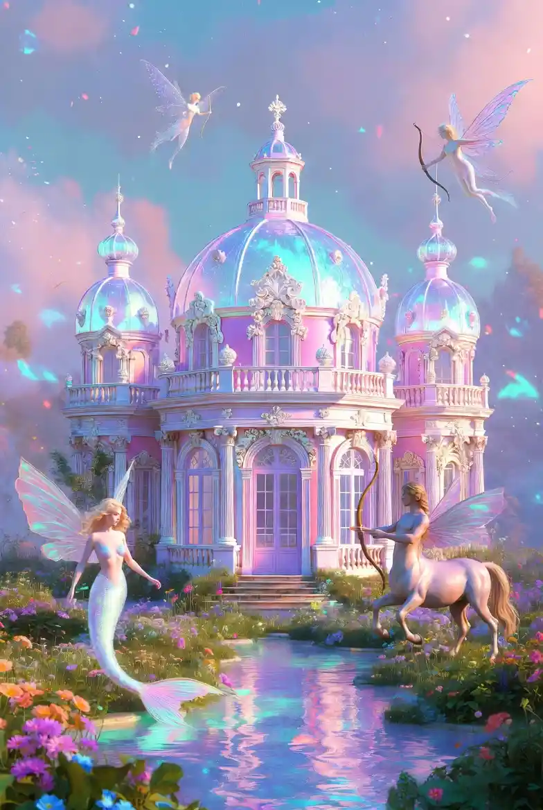 Fantasy palace orangerie with neon pastel baroque whimsy