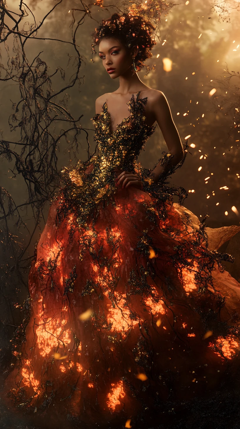 Dragon inspired fashion muse in a burning fantasy garden