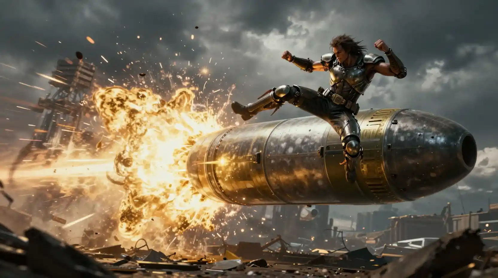 Feral warrior kicking nuclear missile in apocalyptic sky