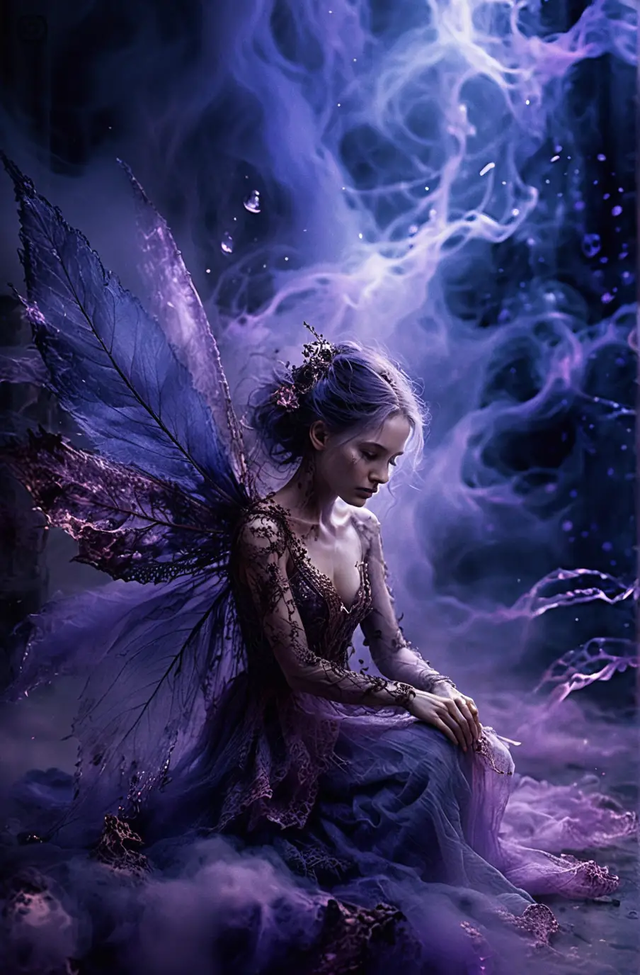 Sad woman emerging from living purple mist portrait