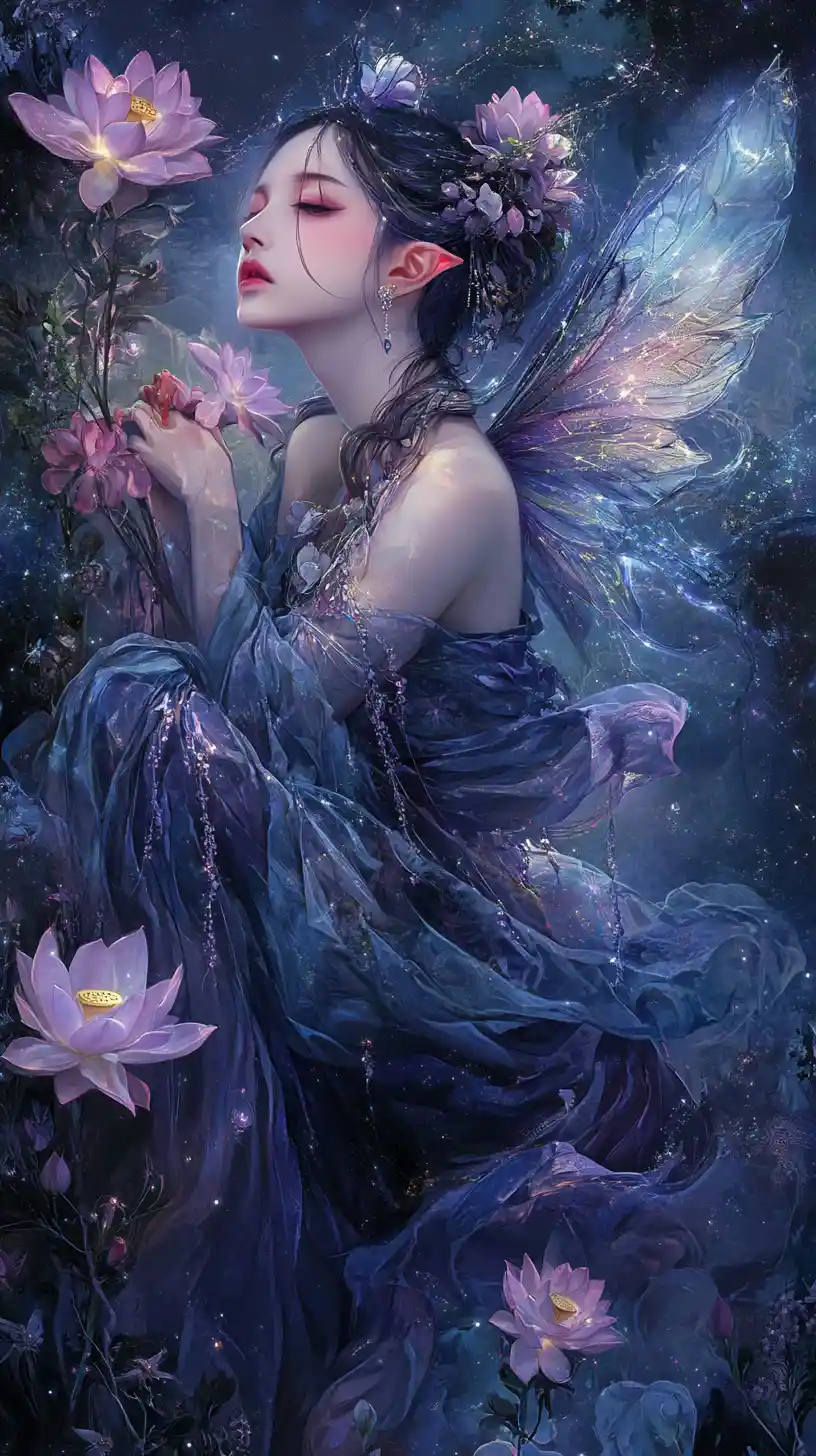 Mystical fairy woman in indigo silks with lotus blooms