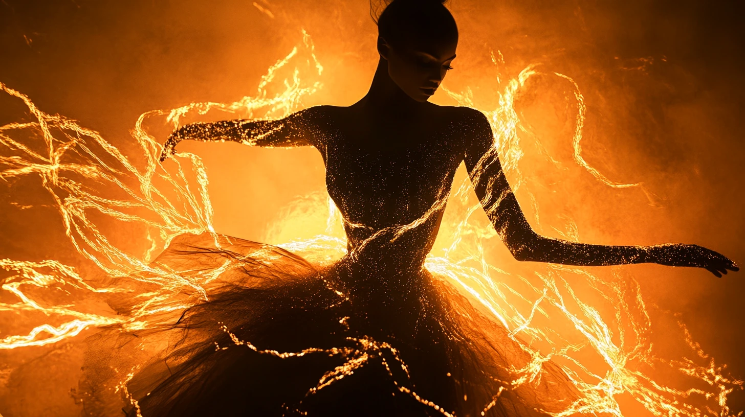Silhouetted fashion figure with glowing sculptural gown