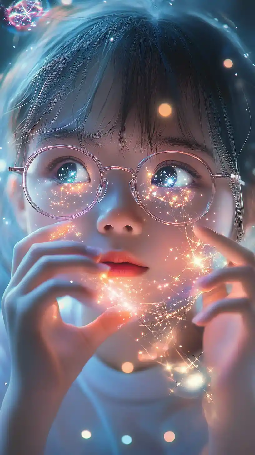 Girl weaving glowing starlight threads into floating galaxies