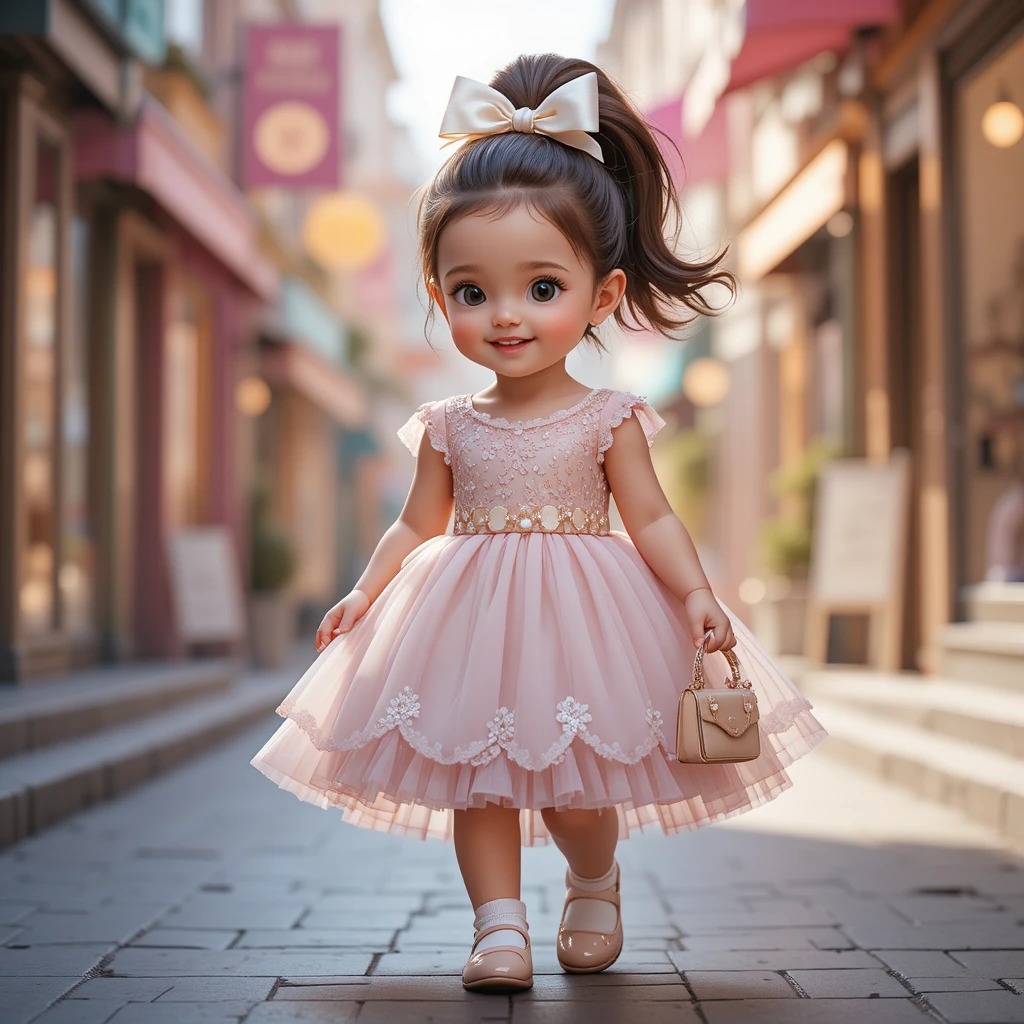 Smiling toddler girl walking in pink tulle dress