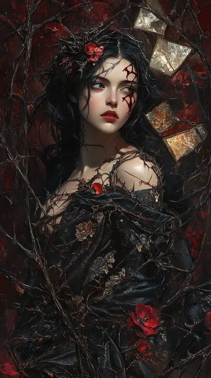 Regal woman in dark gown amid mirrors and crimson florals