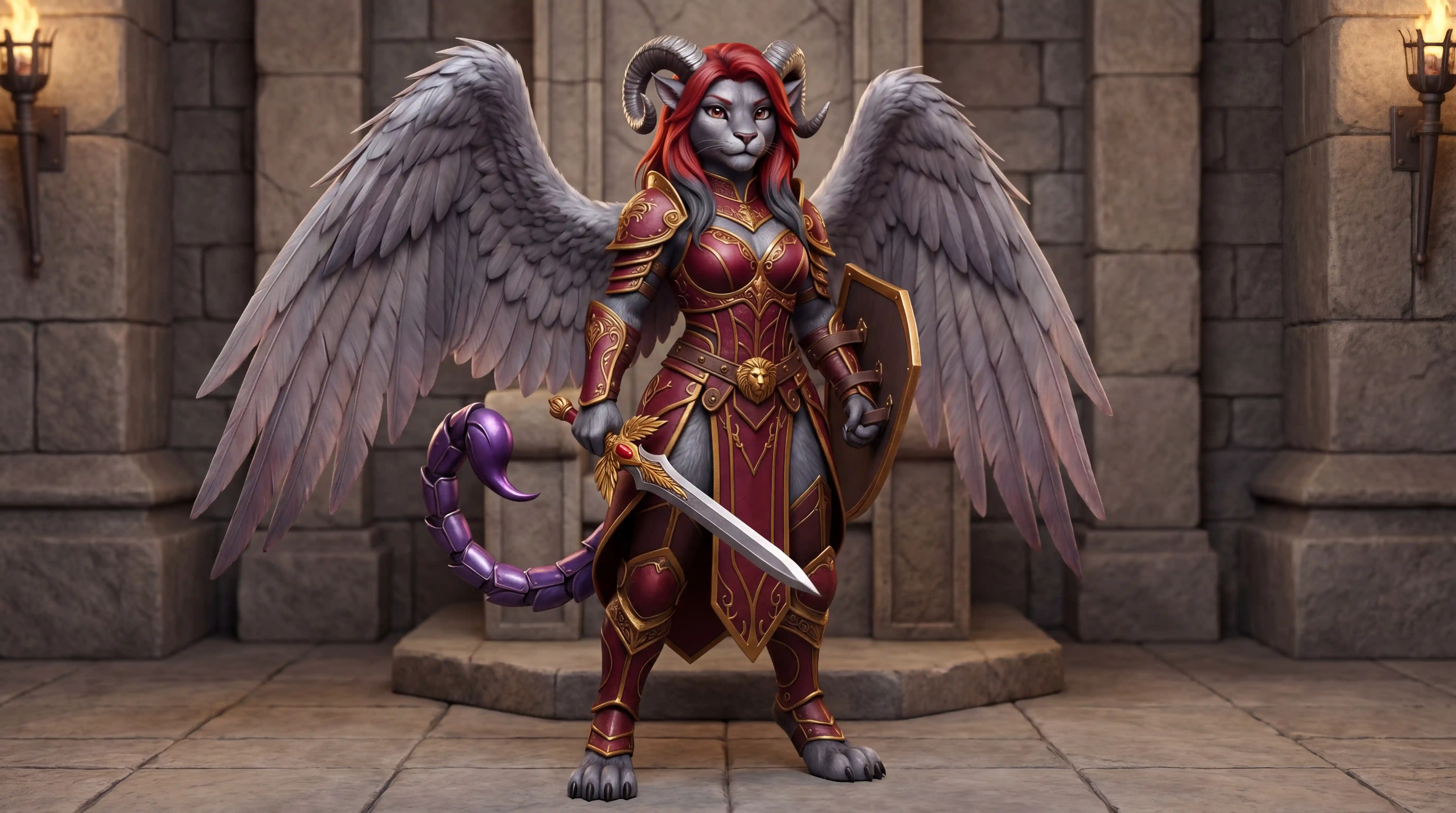 Winged manticore queen in royal armor with sword and shield