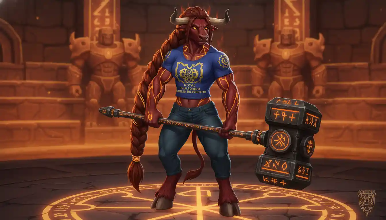 Dark red minotaur woman with glowing golem markings