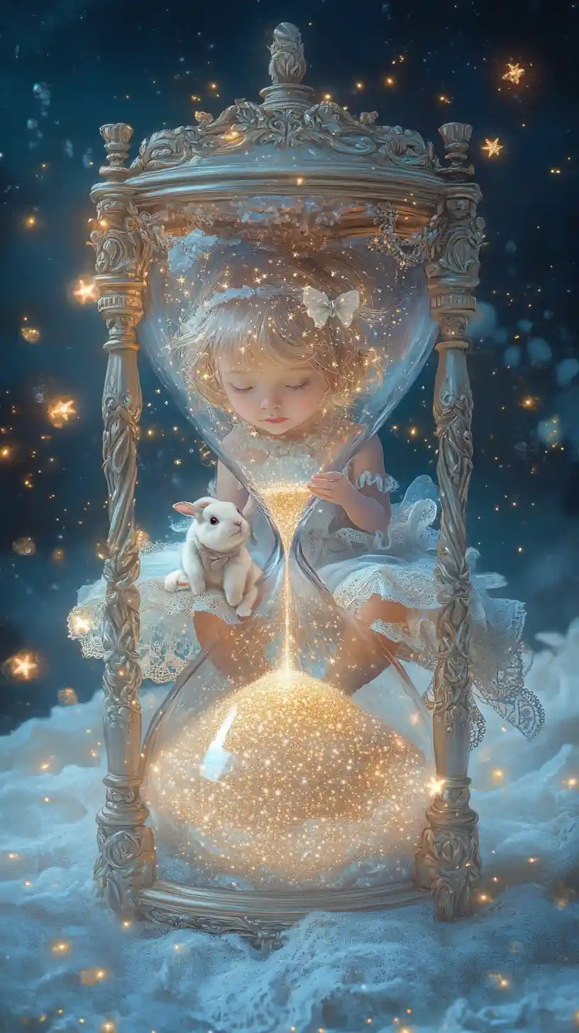 Child In Star Filled Hourglass With Baby Rabbit