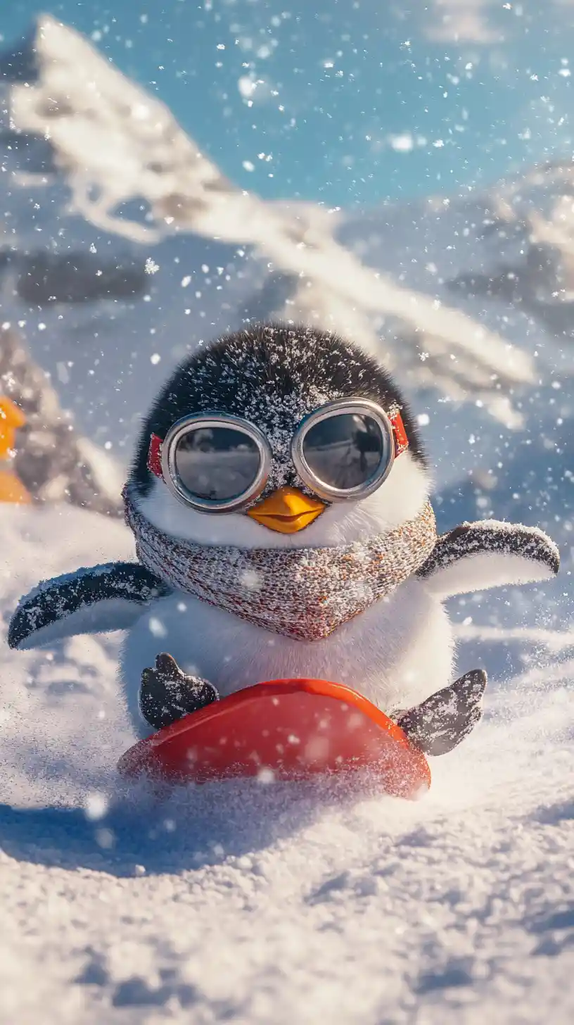 Dolce pinguino che scende con lo slittino indossando sciarpa e maschera da sci