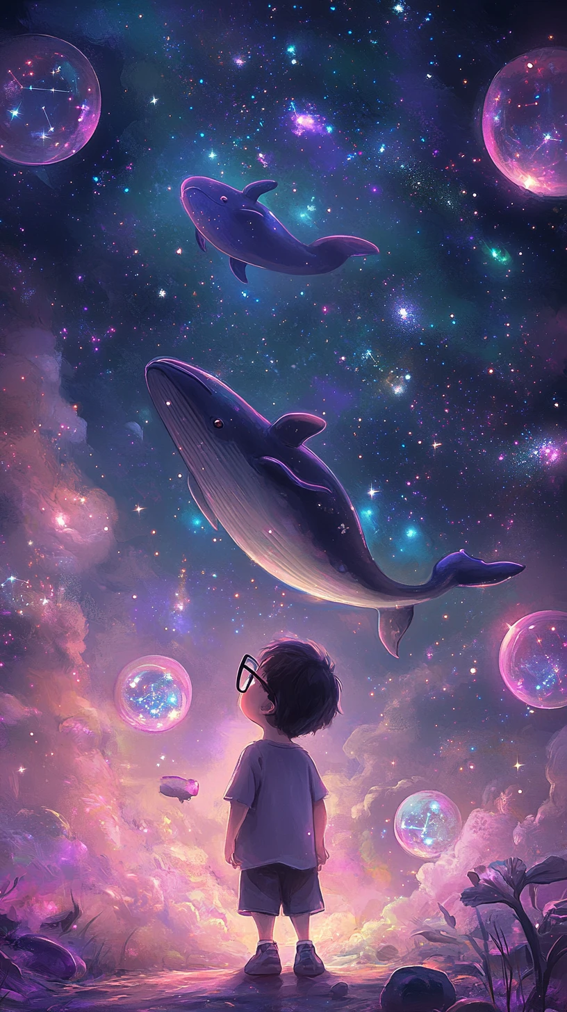 Child with giant glasses watching whale constellations above