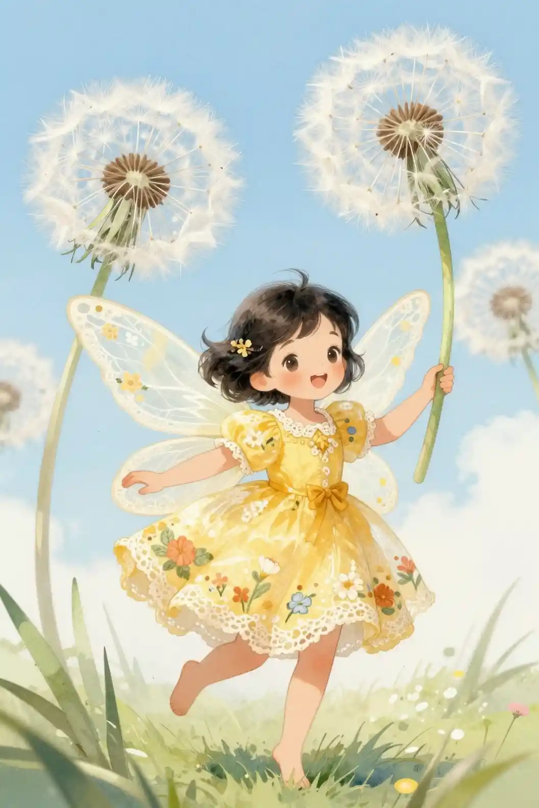 Joyful dandelion fairy girl in a golden floral dress