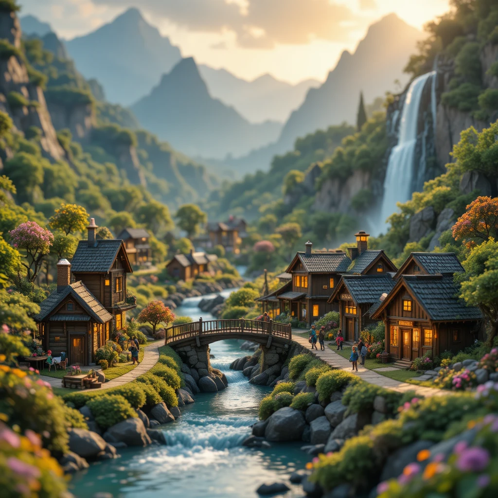 Magical miniature village in a lush green mountain valley
