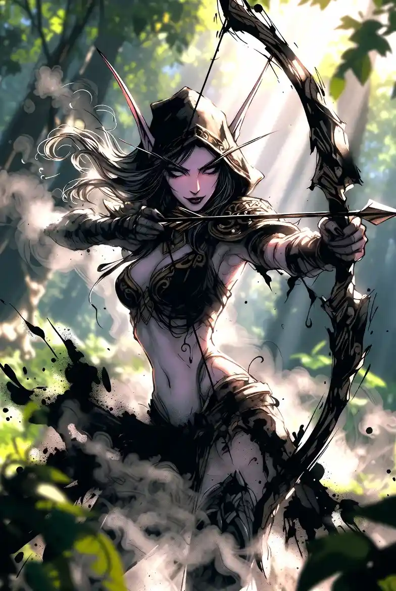 Night elf huntress aiming her bow in a mystical forest